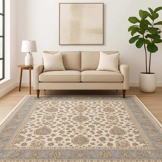 5' X 8' Ivory And Blue Oriental Power Loom Stain Resistant Area Rug With Fringe - Homeroots - Flyclothing LLC