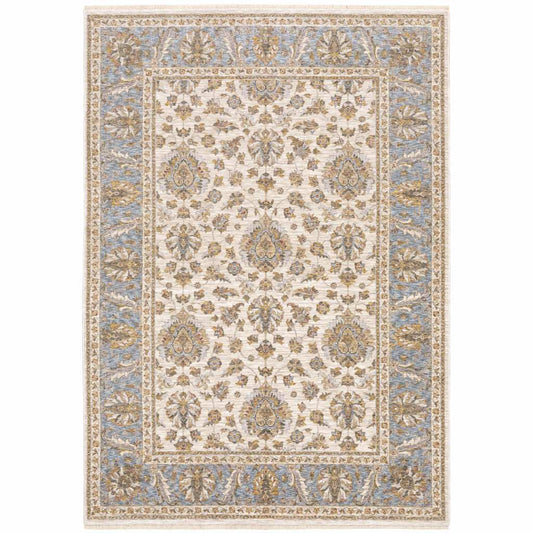6' X 9' Ivory And Blue Oriental Power Loom Stain Resistant Area Rug With Fringe - Homeroots - Flyclothing LLC
