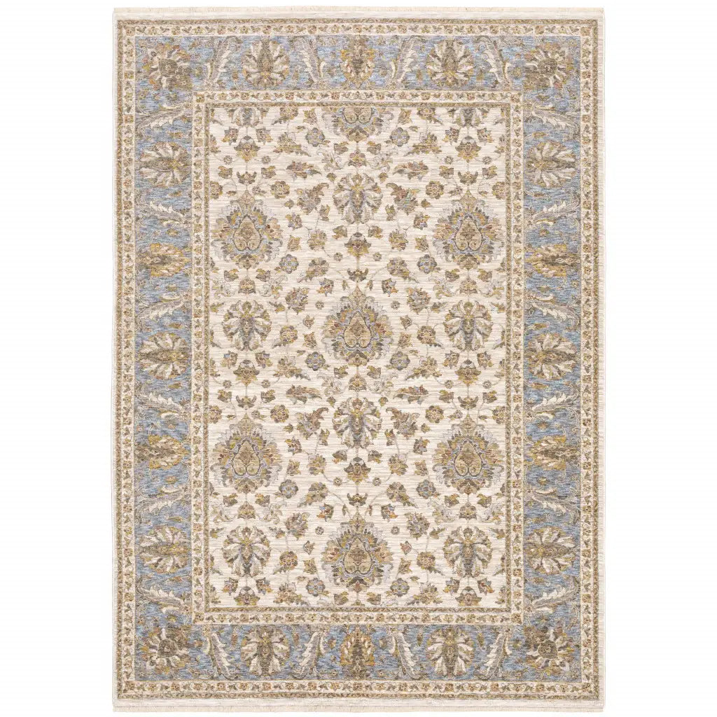 8' X 11' Ivory And Blue Oriental Power Loom Stain Resistant Area Rug With Fringe - Homeroots - Flyclothing LLC