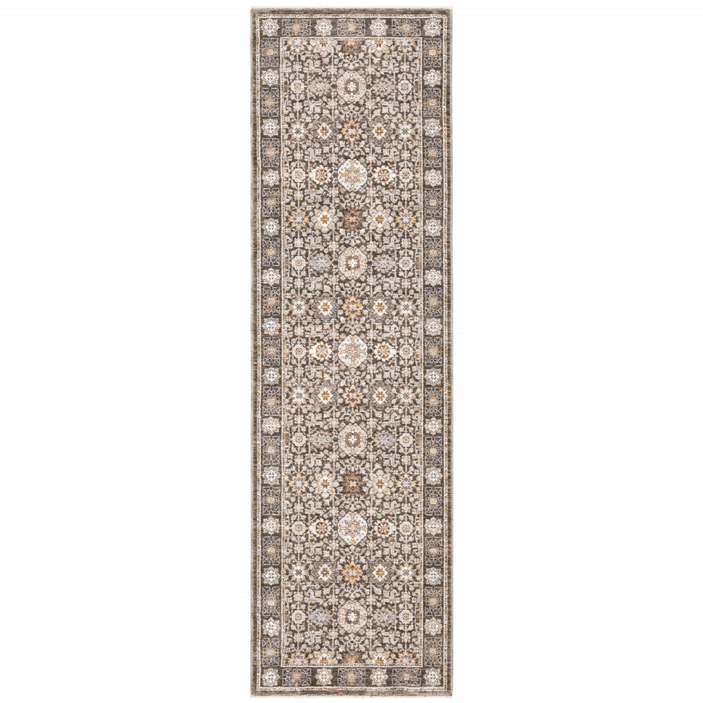 2' X 8' Grey And Ivory Oriental Power Loom Stain Resistant Runner Rug With Fringe
