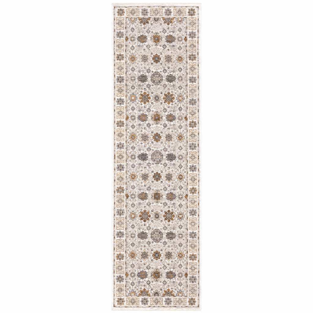 2' X 8' Ivory And Gold Oriental Power Loom Stain Resistant Runner Rug With Fringe - Homeroots - Flyclothing LLC