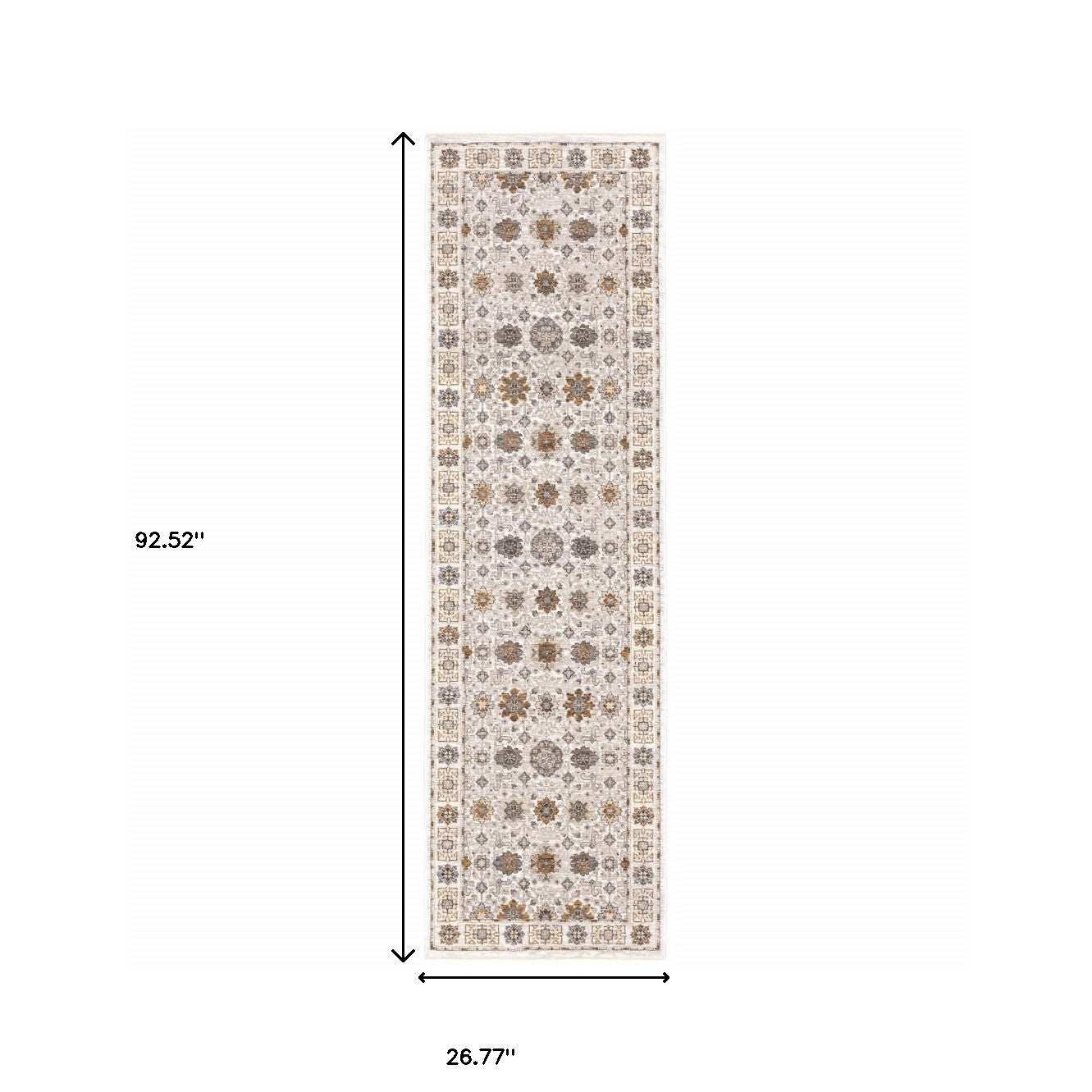 2' X 8' Ivory And Gold Oriental Power Loom Stain Resistant Runner Rug With Fringe - Homeroots - Flyclothing LLC