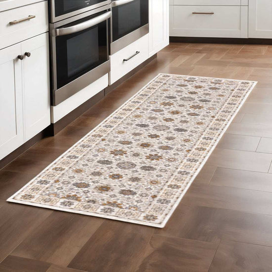 2' X 8' Ivory And Gold Oriental Power Loom Stain Resistant Runner Rug With Fringe - Homeroots - Flyclothing LLC