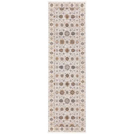 2' X 8' Ivory And Gold Oriental Power Loom Stain Resistant Runner Rug With Fringe - Homeroots - Flyclothing LLC
