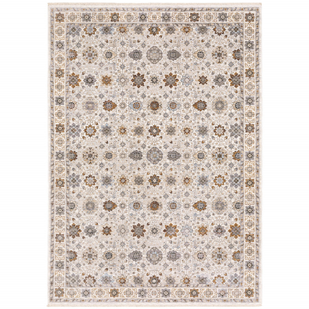 10' X 13' Ivory And Gold Oriental Power Loom Stain Resistant Area Rug With Fringe