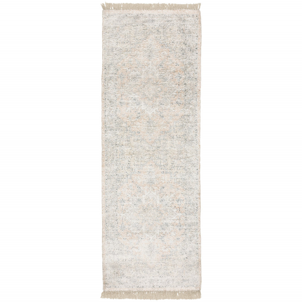 2' X 8' Beige And Grey Oriental Hand Loomed Stain Resistant Runner Rug With Fringe - Homeroots