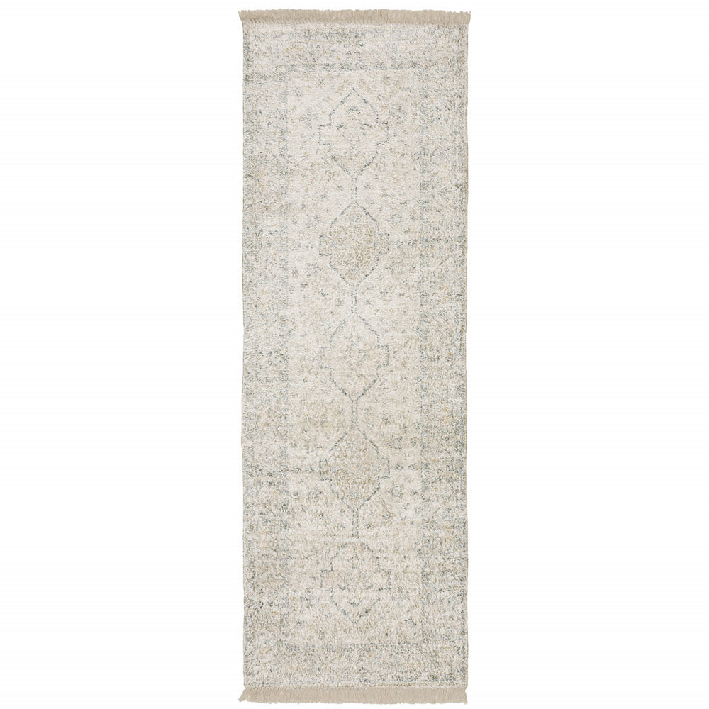 2' X 8' Beige And Charcoal Oriental Hand Loomed Stain Resistant Runner Rug With Fringe - Homeroots