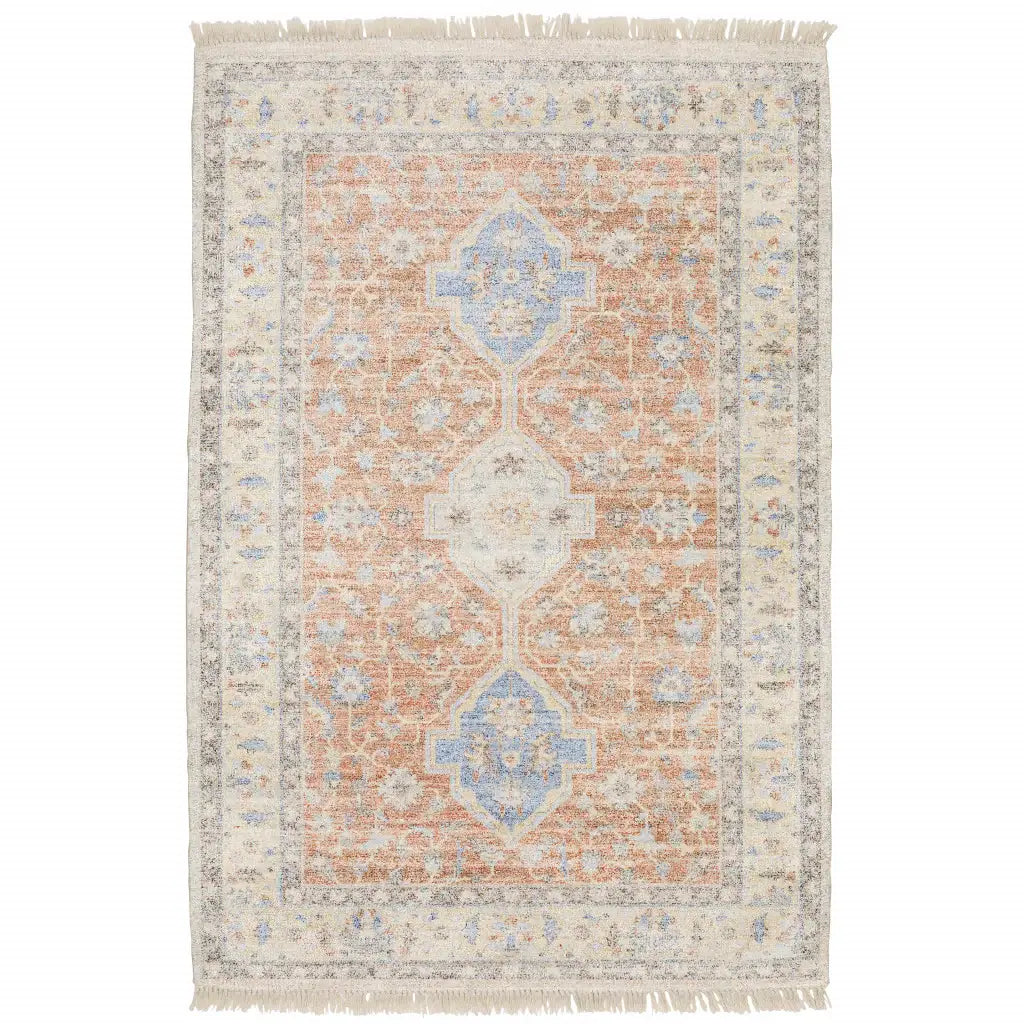 10' X 13' Orange And Blue Oriental Hand Loomed Stain Resistant Area Rug With Fringe - Homeroots - Flyclothing LLC