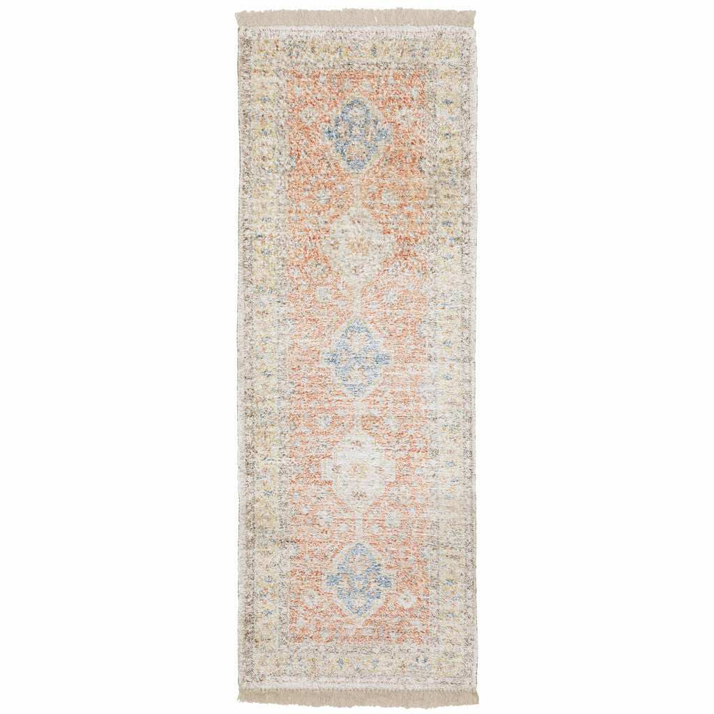 2' X 8' Orange And Blue Oriental Hand Loomed Stain Resistant Runner Rug With Fringe - Homeroots - Flyclothing LLC