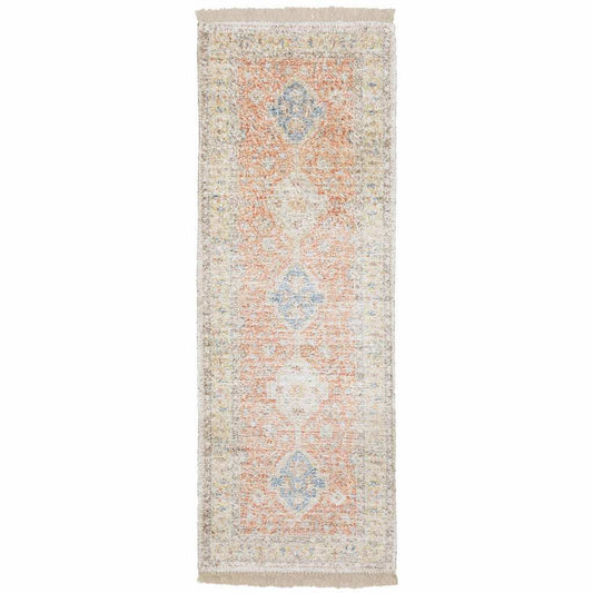 2' X 8' Orange And Blue Oriental Hand Loomed Stain Resistant Runner Rug With Fringe - Homeroots - Flyclothing LLC