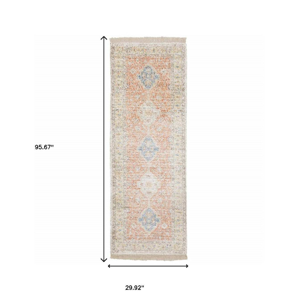 2' X 8' Orange And Blue Oriental Hand Loomed Stain Resistant Runner Rug With Fringe - Homeroots - Flyclothing LLC