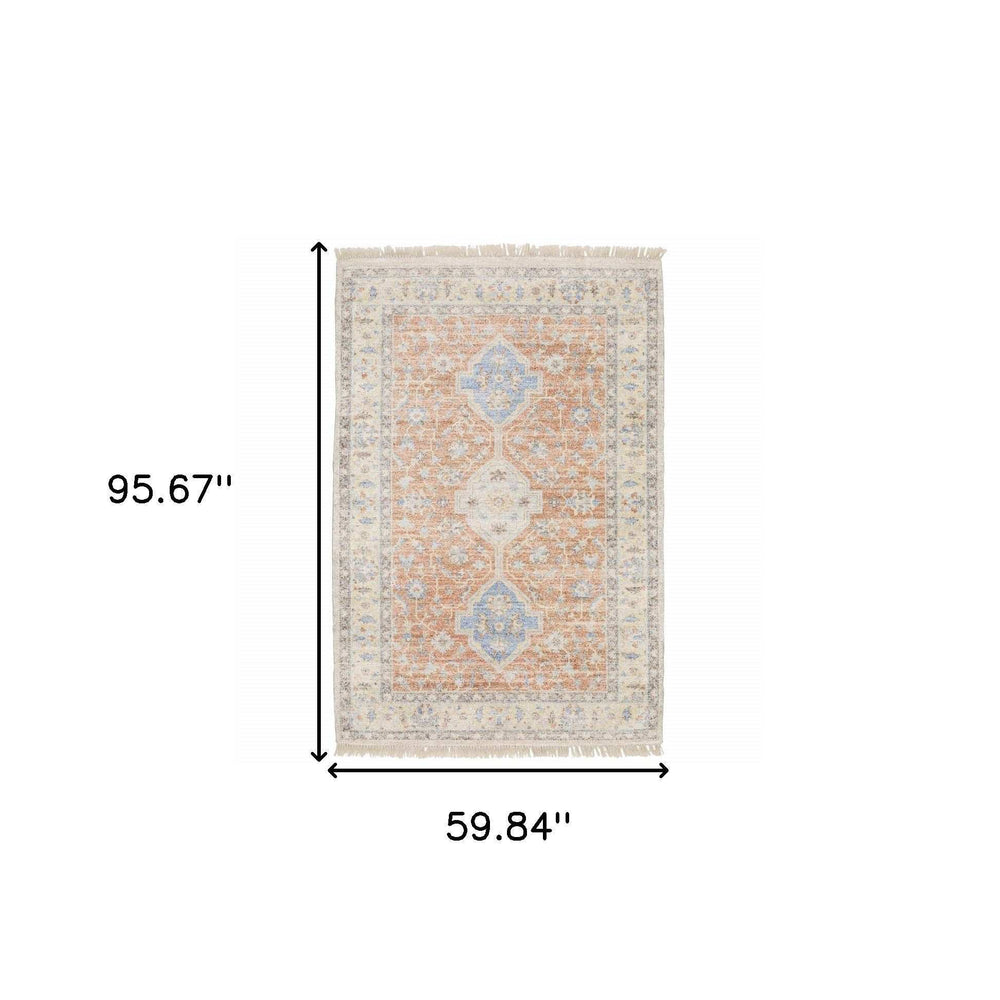 5' X 8' Orange And Blue Oriental Hand Loomed Stain Resistant Area Rug With Fringe - Homeroots - Flyclothing LLC