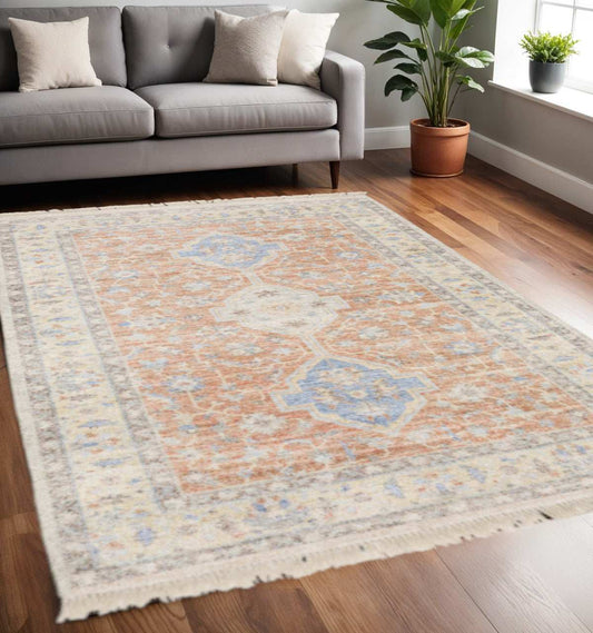 5' X 8' Orange And Blue Oriental Hand Loomed Stain Resistant Area Rug With Fringe - Homeroots - Flyclothing LLC