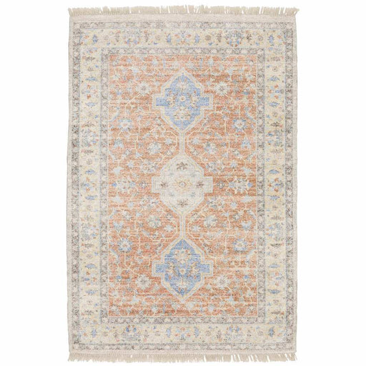 5' X 8' Orange And Blue Oriental Hand Loomed Stain Resistant Area Rug With Fringe - Homeroots - Flyclothing LLC