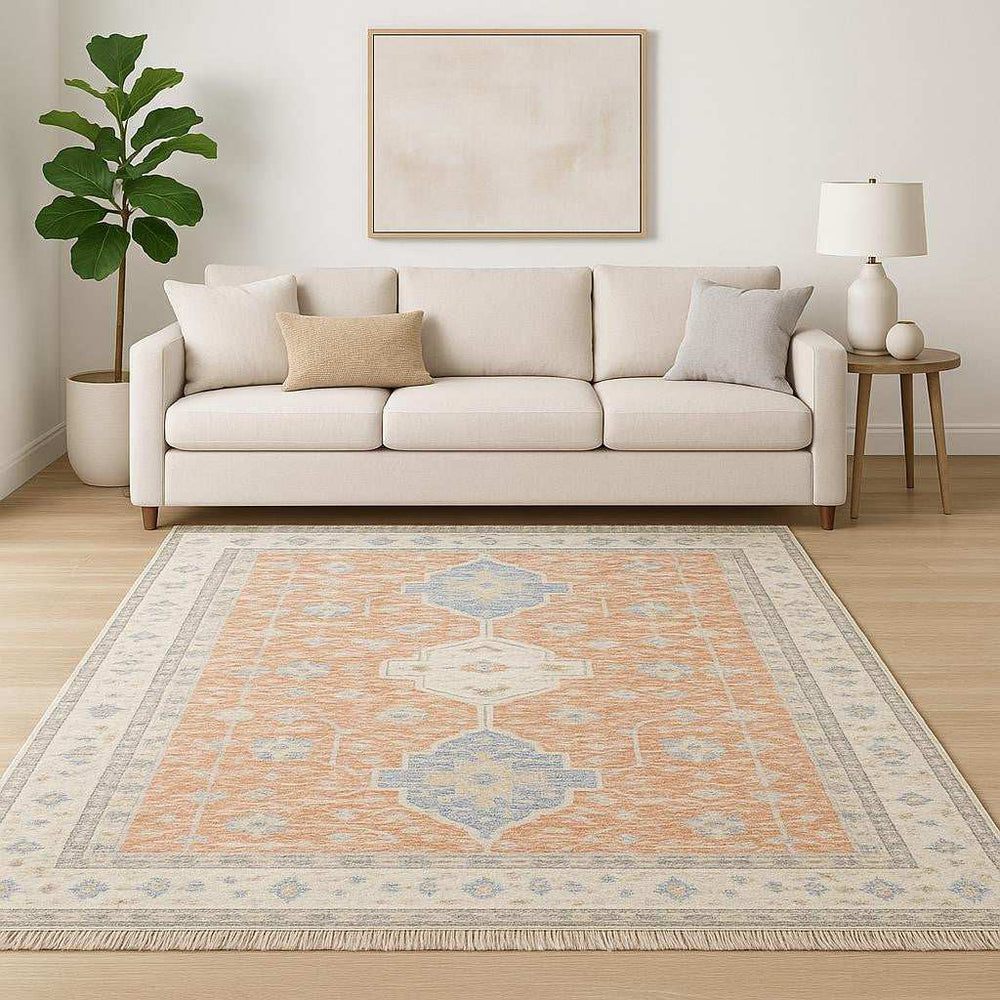 8' X 10' Orange And Blue Oriental Hand Loomed Stain Resistant Area Rug With Fringe - Homeroots - Flyclothing LLC