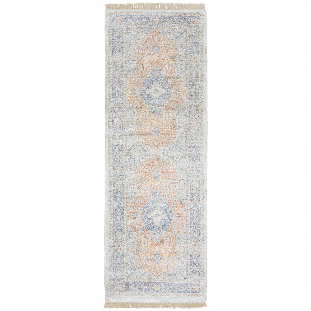 2' X 8' Blue And Red Oriental Hand Loomed Stain Resistant Runner Rug With Fringe
