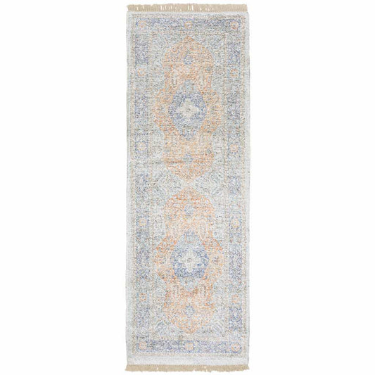 2' X 8' Blue And Red Oriental Hand Loomed Stain Resistant Runner Rug With Fringe - Homeroots - Flyclothing LLC