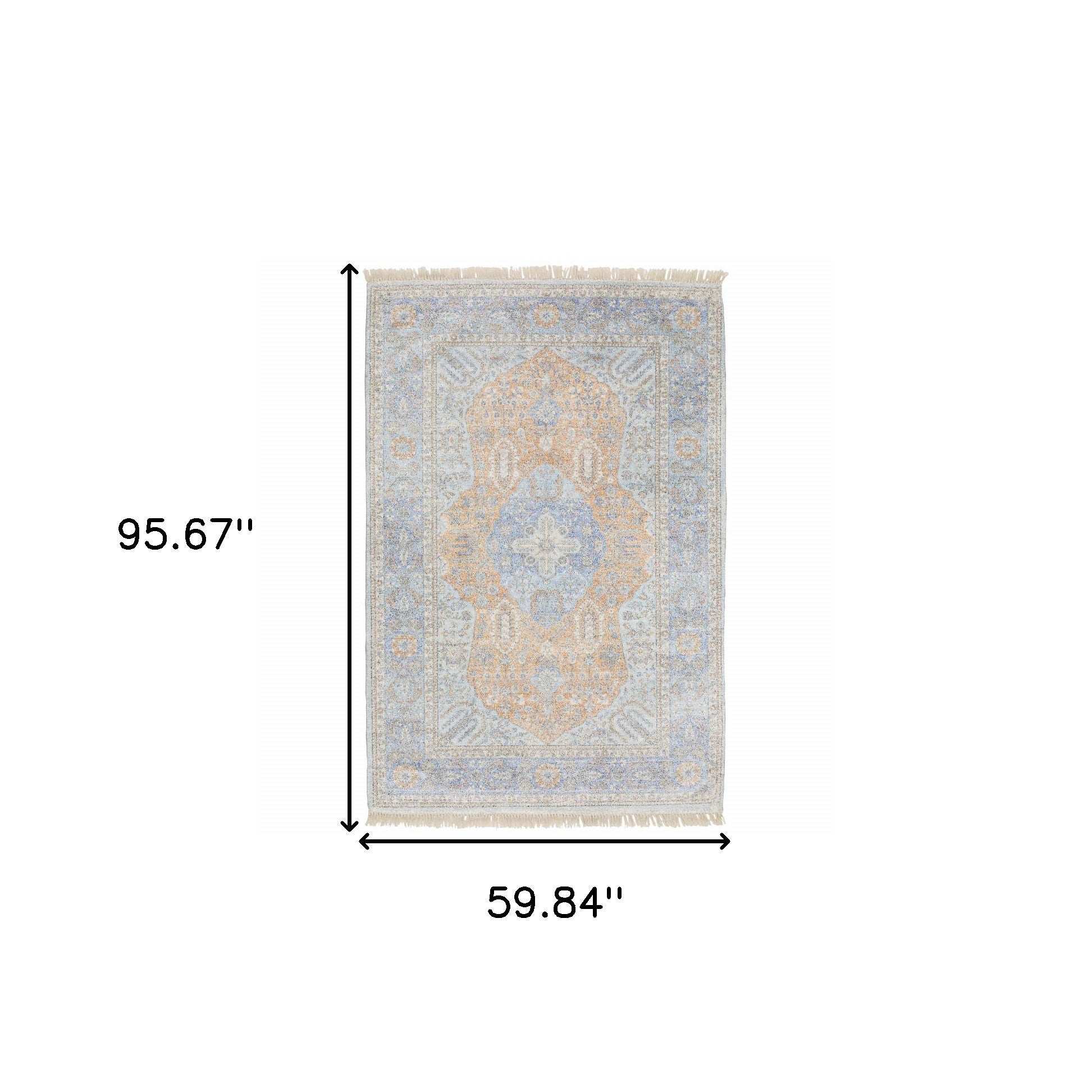 5' X 8' Blue And Red Oriental Hand Loomed Stain Resistant Area Rug With Fringe - Homeroots - Flyclothing LLC