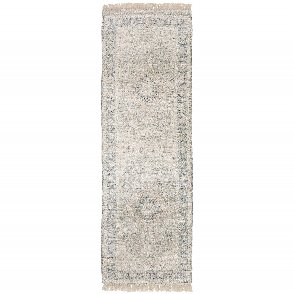 2' X 8' Beige And Grey Oriental Hand Loomed Stain Resistant Runner Rug With Fringe - Homeroots