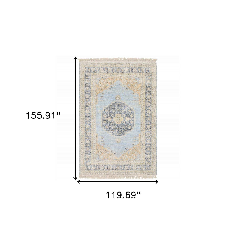 10' X 13' Blue And Beige Oriental Hand Loomed Stain Resistant Area Rug With Fringe - Homeroots - Flyclothing LLC