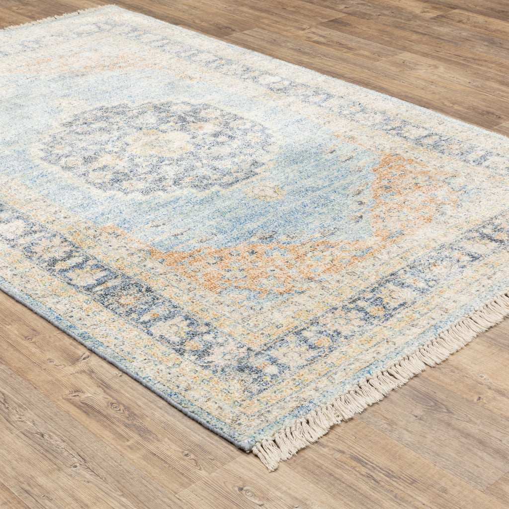 10' X 13' Blue And Beige Oriental Hand Loomed Stain Resistant Area Rug With Fringe - Homeroots - Flyclothing LLC