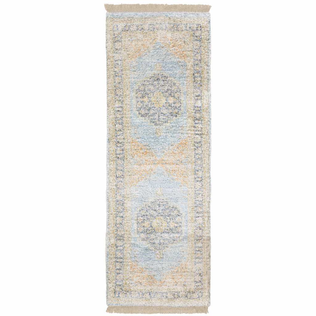 2' X 8' Blue And Beige Oriental Hand Loomed Stain Resistant Runner Rug With Fringe - Homeroots - Flyclothing LLC