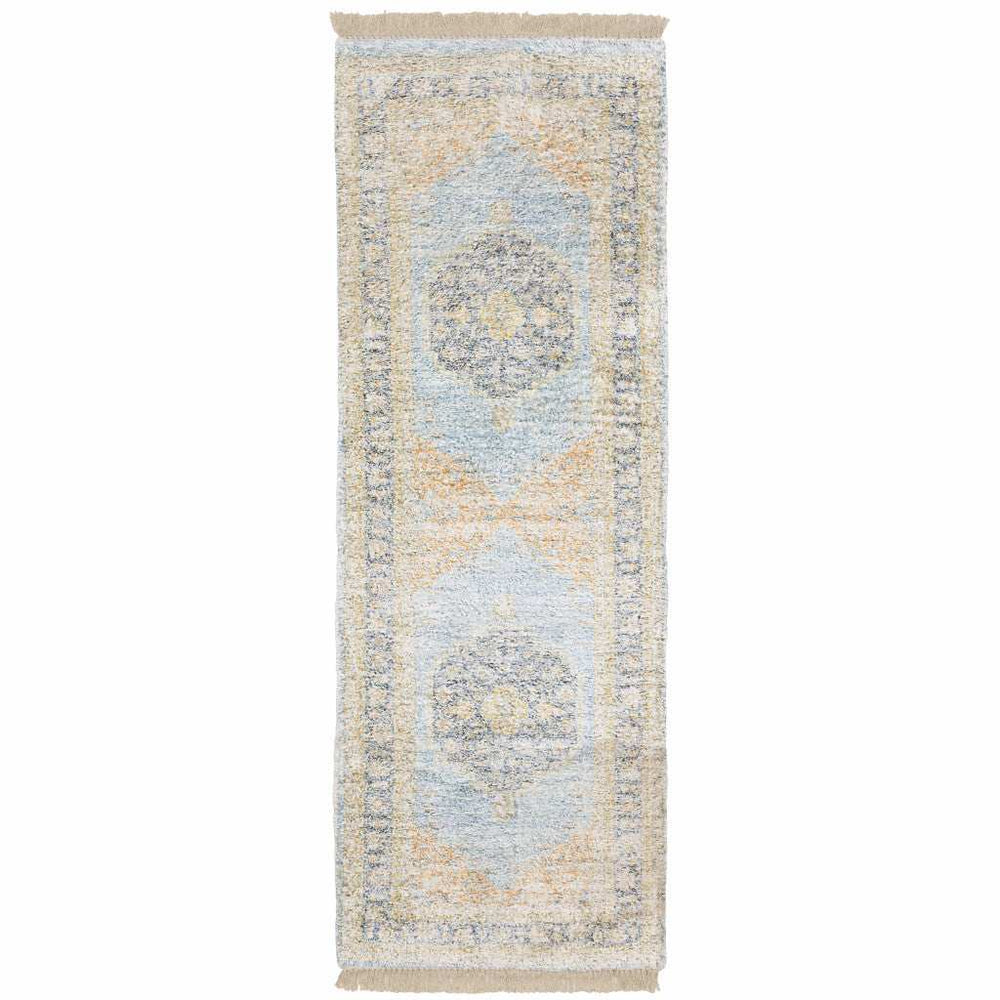2' X 8' Blue And Beige Oriental Hand Loomed Stain Resistant Runner Rug With Fringe - Homeroots - Flyclothing LLC