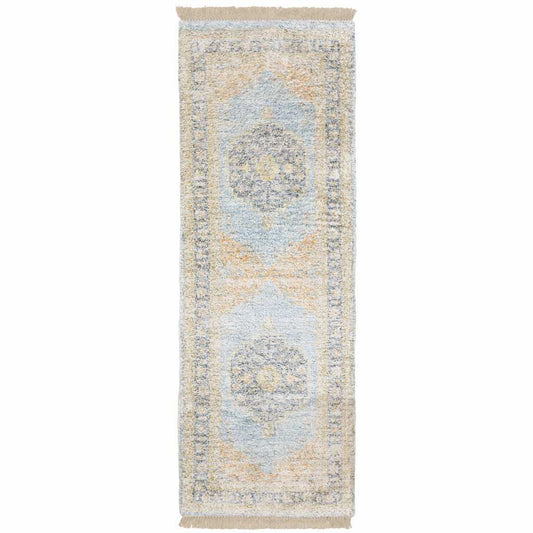 2' X 8' Blue And Beige Oriental Hand Loomed Stain Resistant Runner Rug With Fringe - Homeroots - Flyclothing LLC