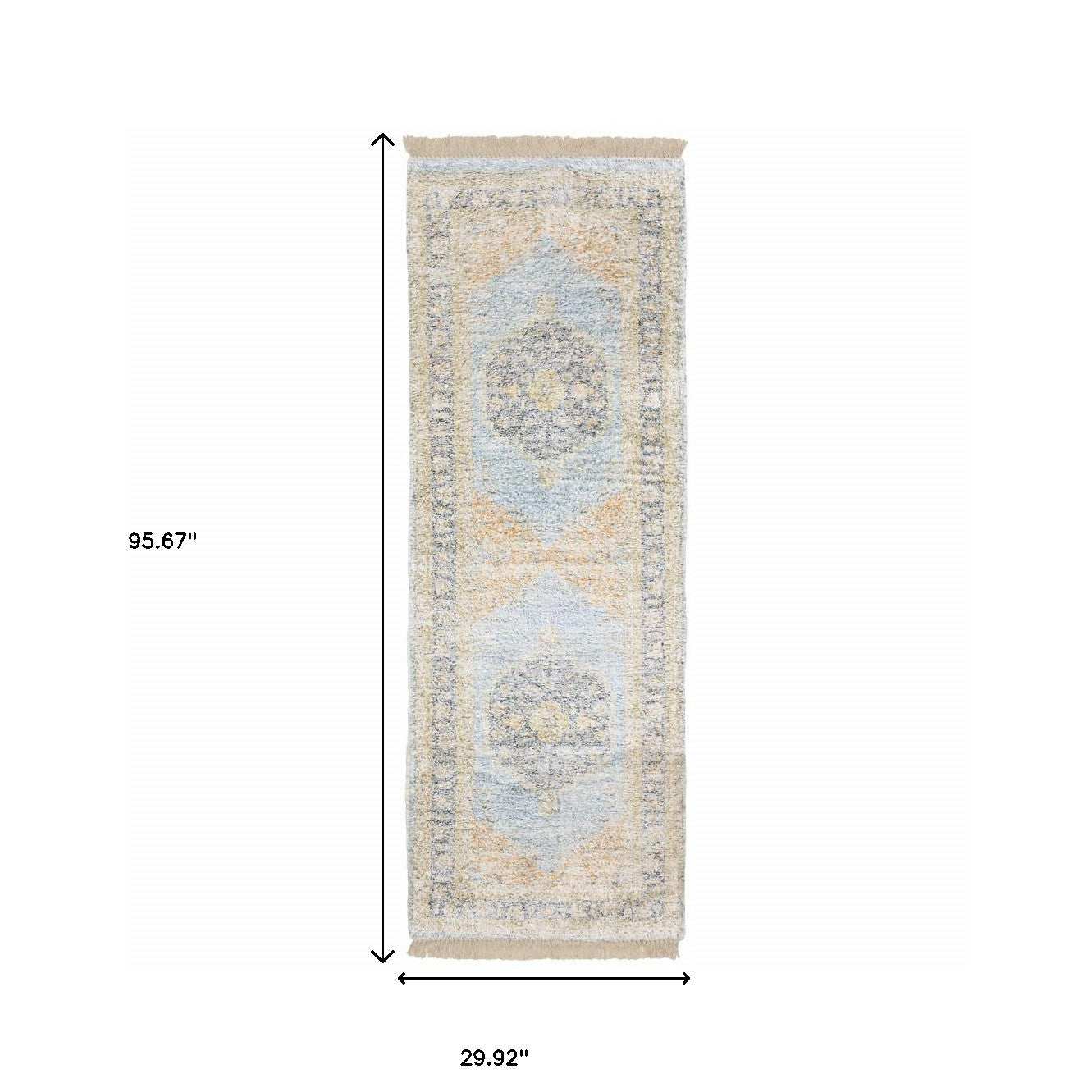 2' X 8' Blue And Beige Oriental Hand Loomed Stain Resistant Runner Rug With Fringe - Homeroots - Flyclothing LLC