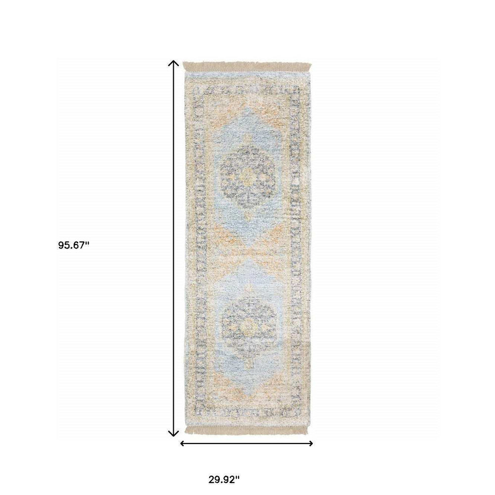 2' X 8' Blue And Beige Oriental Hand Loomed Stain Resistant Runner Rug With Fringe - Homeroots - Flyclothing LLC