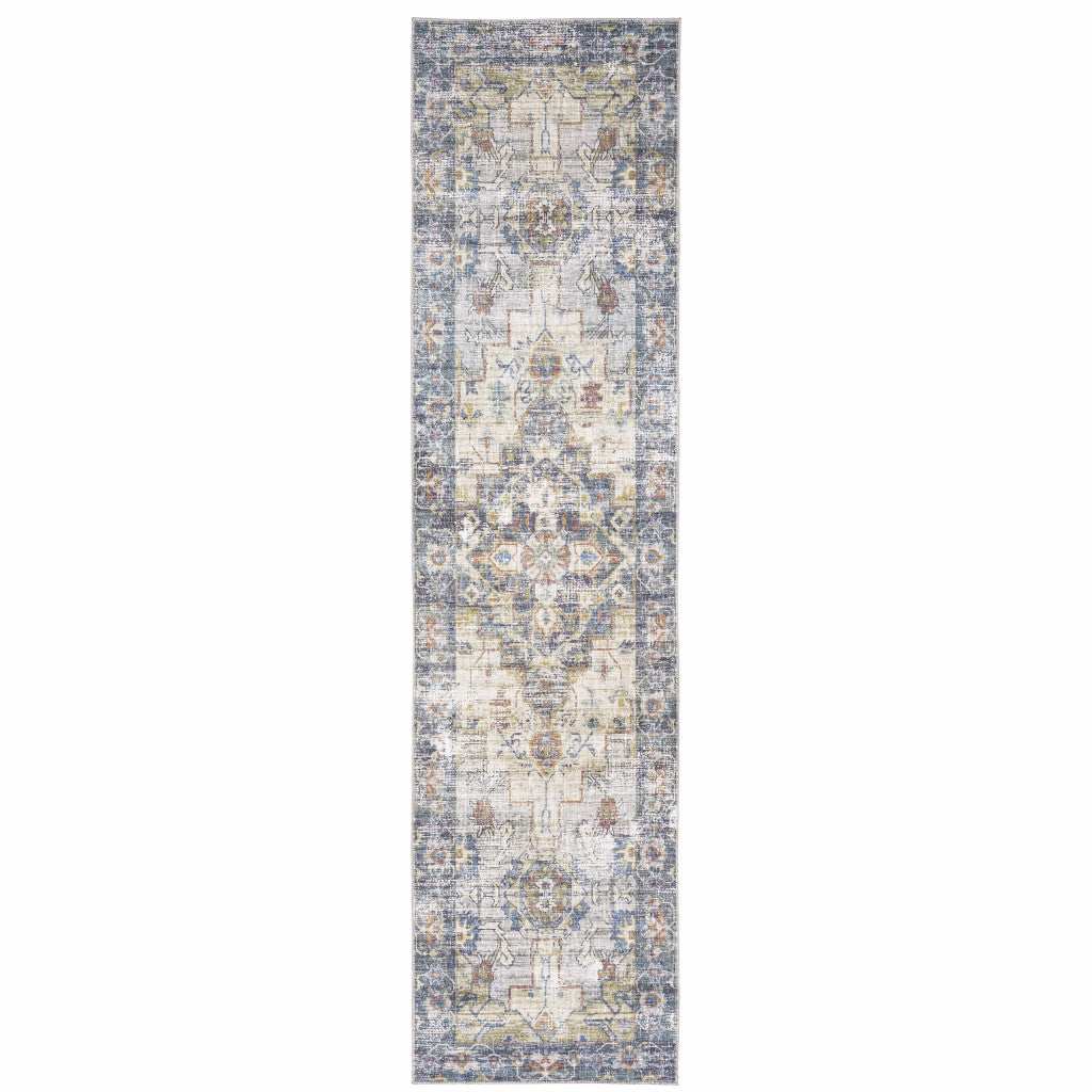 2' X 8' Blue Gold Grey Orange Yellow And Purple Oriental Power Loom Stain Resistant Runner Rug - Homeroots - Flyclothing LLC