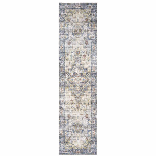 2' X 8' Blue Gold Grey Orange Yellow And Purple Oriental Power Loom Stain Resistant Runner Rug - Homeroots - Flyclothing LLC
