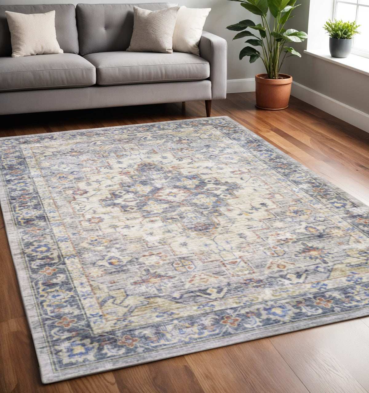 5' X 7' Blue Gold Grey Orange Yellow And Purple Oriental Power Loom Stain Resistant Area Rug - Homeroots - Flyclothing LLC