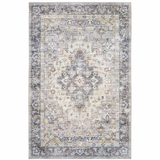 5' X 7' Blue Gold Grey Orange Yellow And Purple Oriental Power Loom Stain Resistant Area Rug - Homeroots - Flyclothing LLC