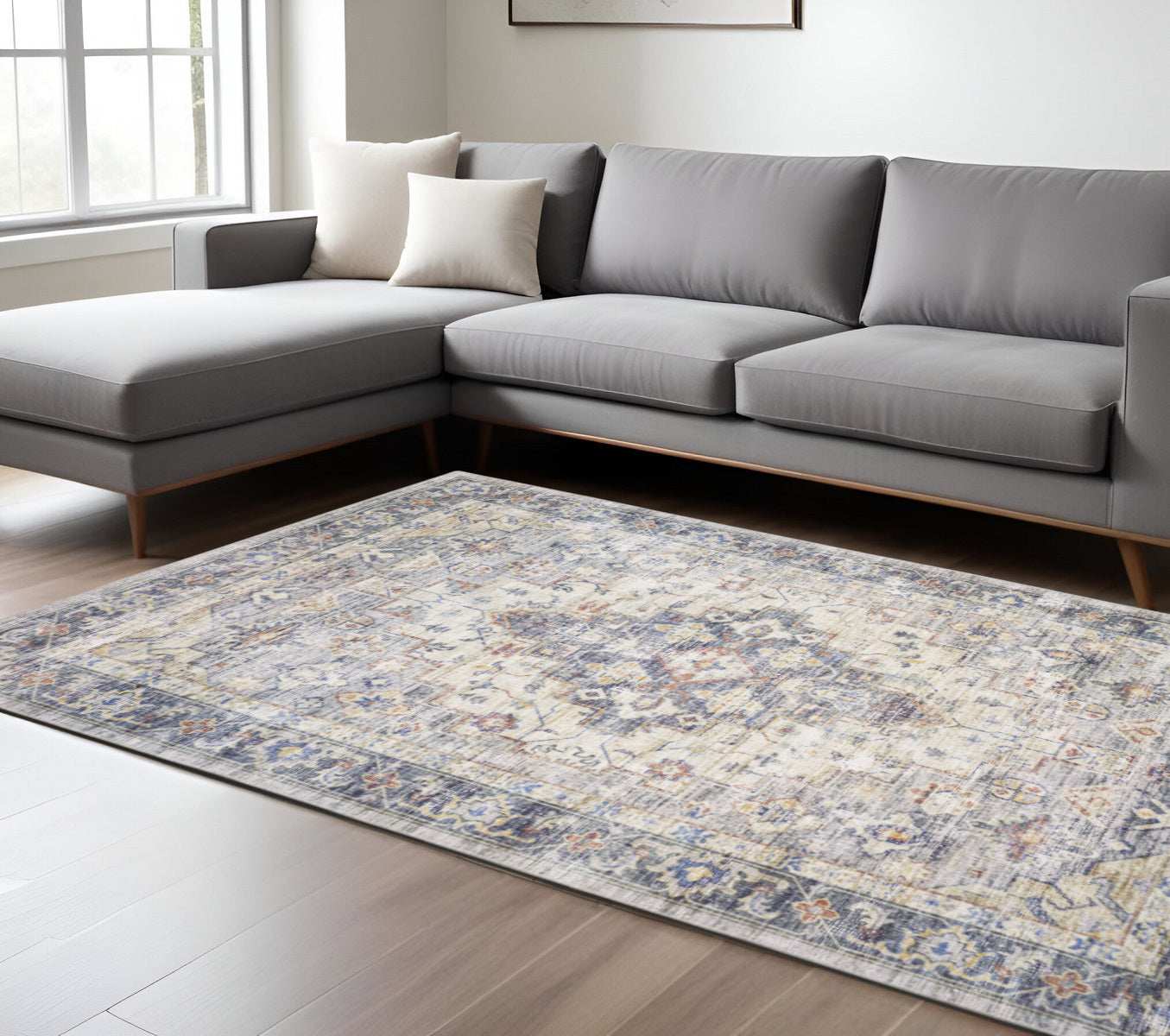 8' X 10' Blue Gold Grey Orange Yellow And Purple Oriental Power Loom Stain Resistant Area Rug - Homeroots - Flyclothing LLC