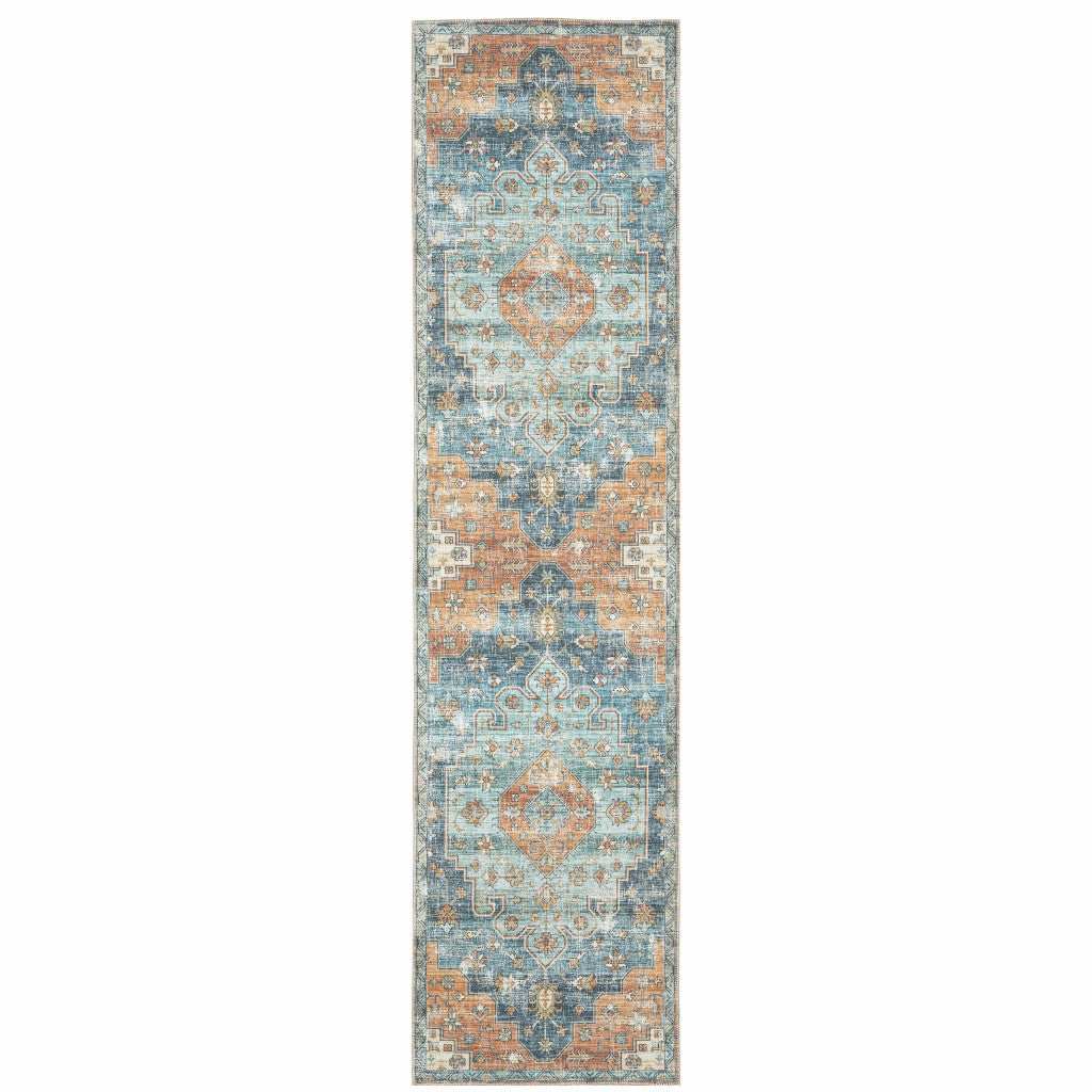 2' X 8' Orange Blue Teal Green And Beige Oriental Power Loom Stain Resistant Runner Rug - Homeroots - Flyclothing LLC
