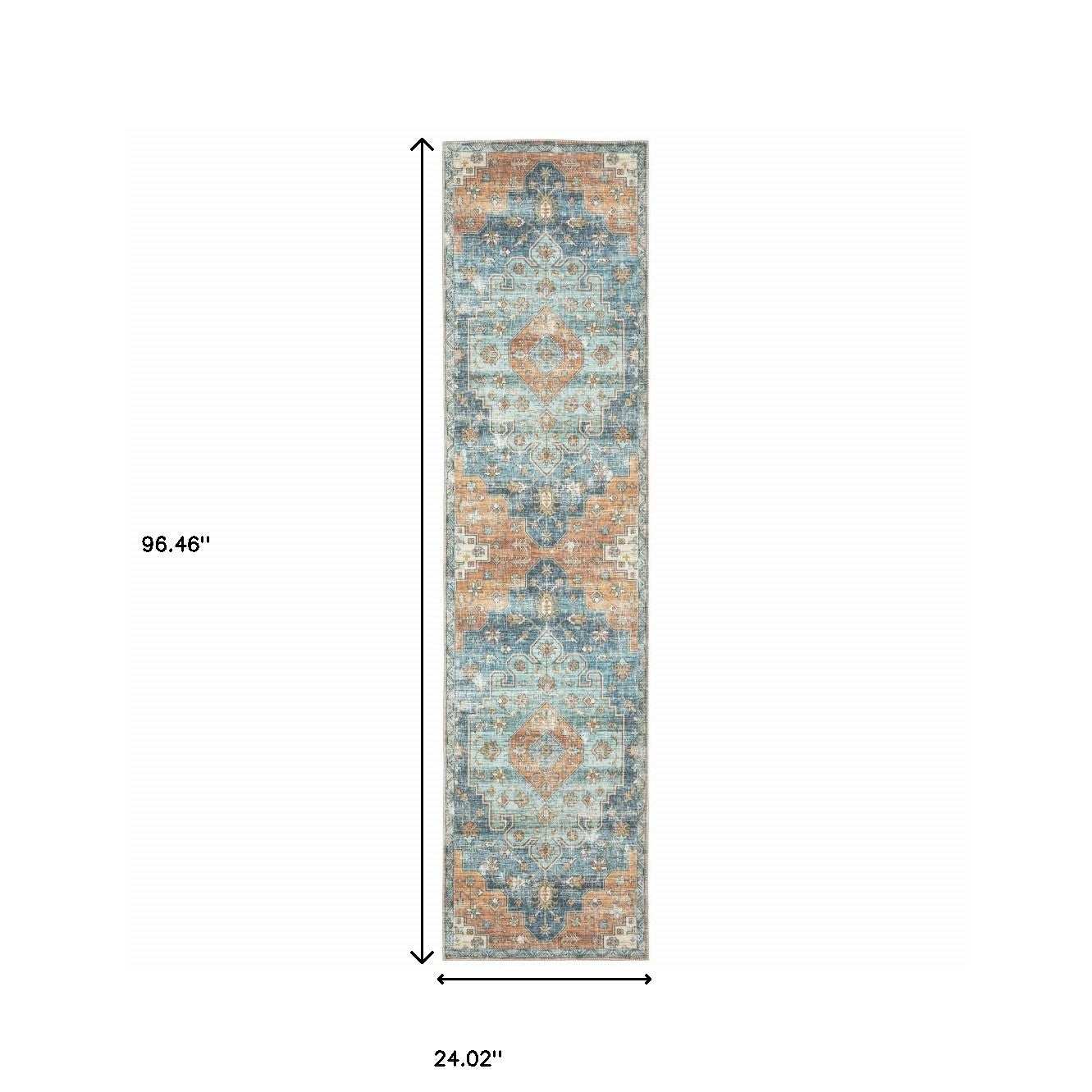 2' X 8' Orange Blue Teal Green And Beige Oriental Power Loom Stain Resistant Runner Rug - Homeroots - Flyclothing LLC