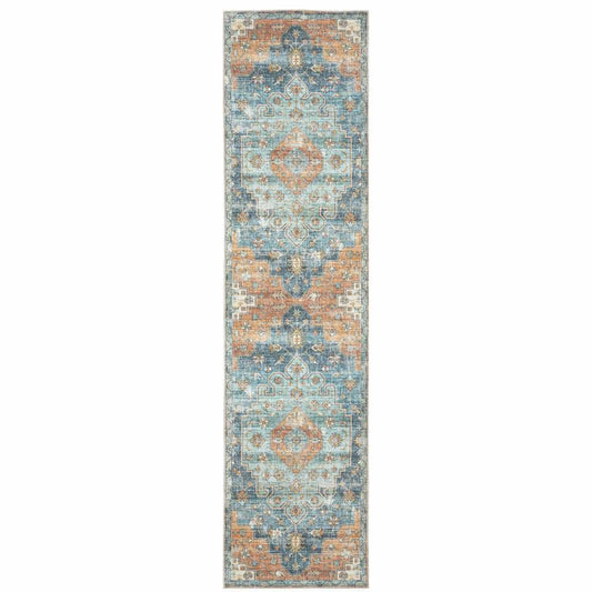 2' X 8' Orange Blue Teal Green And Beige Oriental Power Loom Stain Resistant Runner Rug - Homeroots - Flyclothing LLC