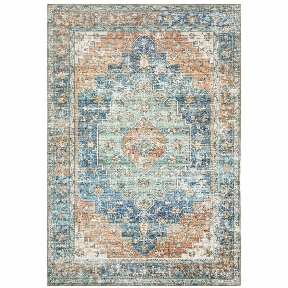 5' X 7' Orange Blue Teal Green And Beige Oriental Power Loom Stain Resistant Area Rug - Homeroots - Flyclothing LLC