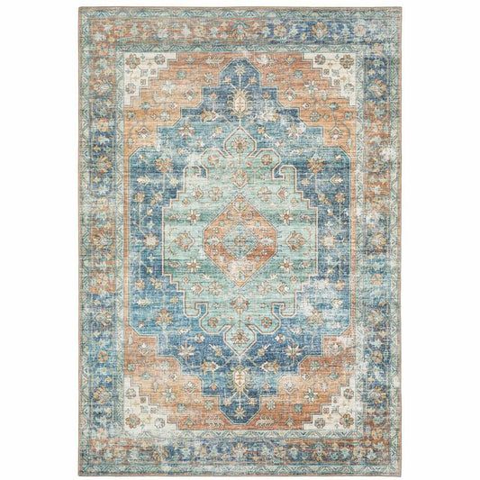 5' X 7' Orange Blue Teal Green And Beige Oriental Power Loom Stain Resistant Area Rug - Homeroots - Flyclothing LLC