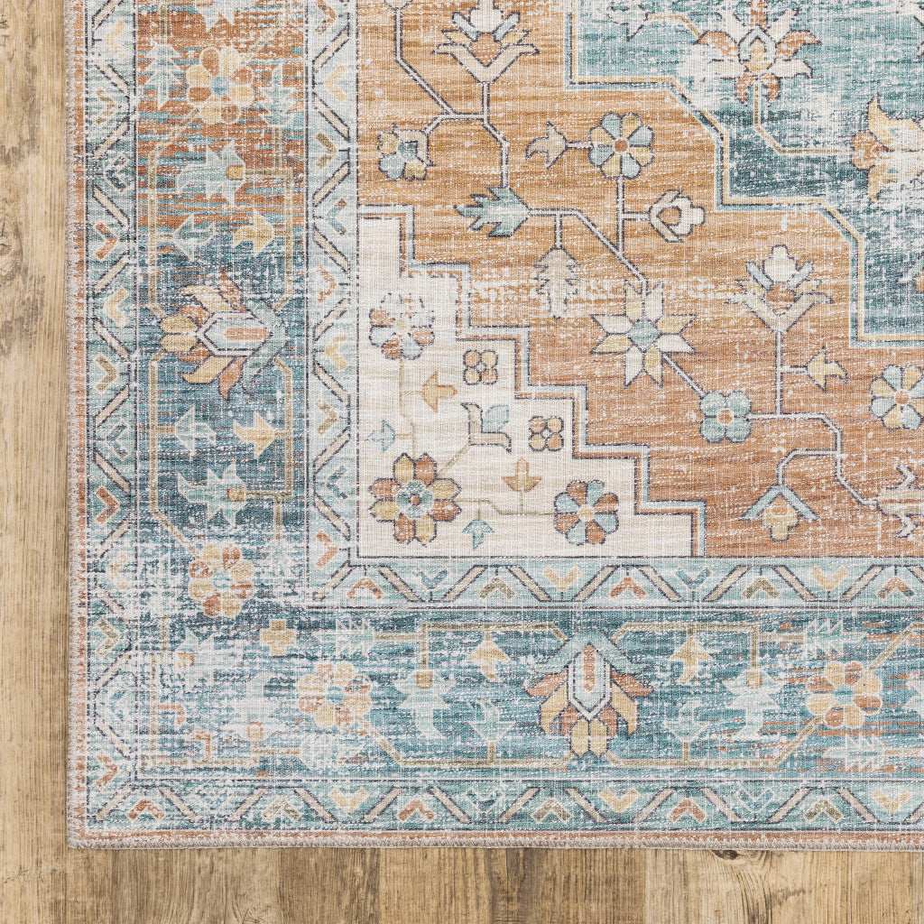 5' X 7' Orange Blue Teal Green And Beige Oriental Power Loom Stain Resistant Area Rug - Homeroots - Flyclothing LLC