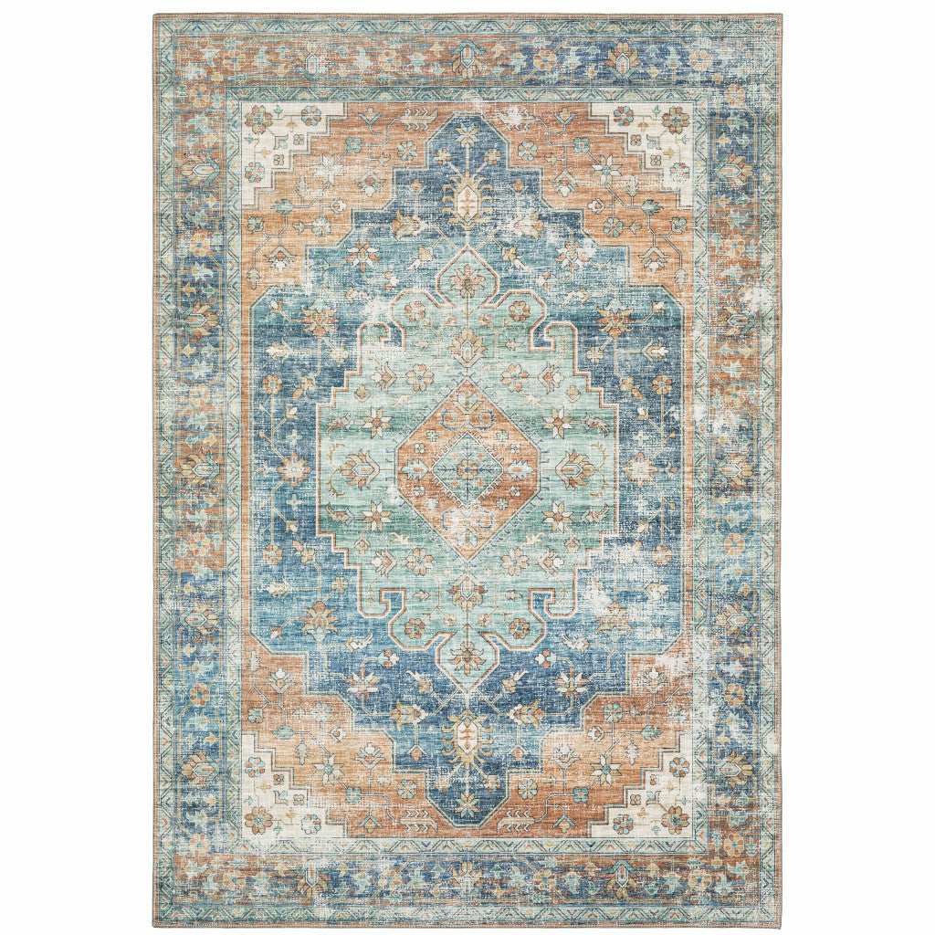8' X 10' Orange Blue Teal Green And Beige Oriental Power Loom Stain Resistant Area Rug - Homeroots - Flyclothing LLC