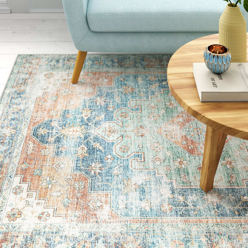 8' X 10' Orange Blue Teal Green And Beige Oriental Power Loom Stain Resistant Area Rug - Homeroots - Flyclothing LLC