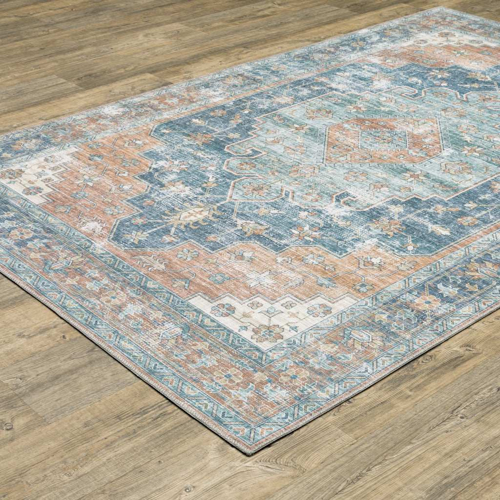 8' X 10' Orange Blue Teal Green And Beige Oriental Power Loom Stain Resistant Area Rug - Homeroots - Flyclothing LLC