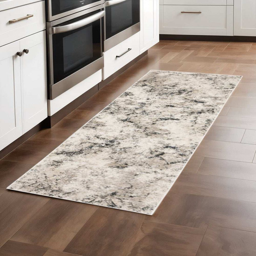 2' X 8' Ivory Grey Black Beige And Tan Abstract Power Loom Stain Resistant Runner Rug - Homeroots - Flyclothing LLC