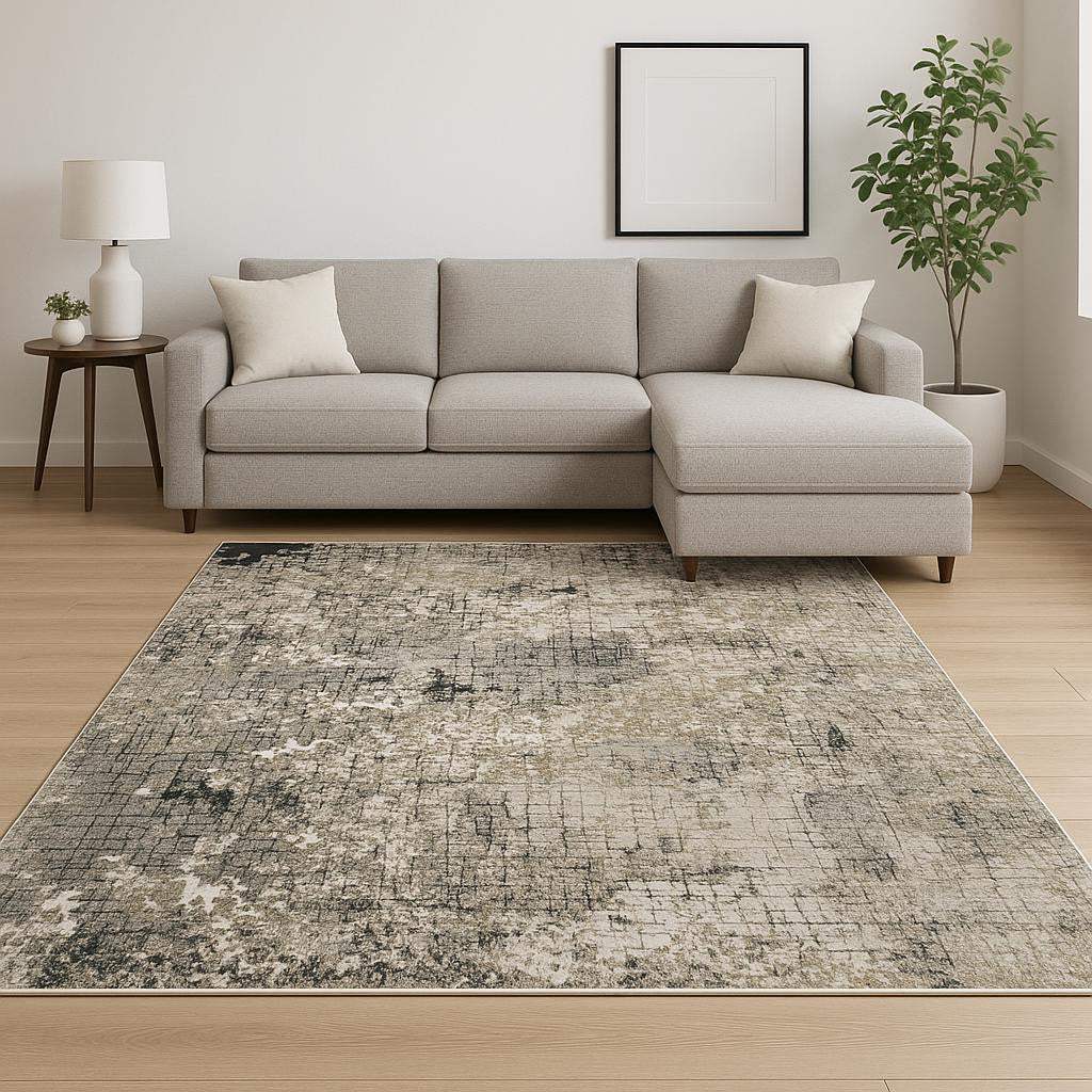 8' X 11' Grey Ivory Beige Charcoal Black Tan And Brown Abstract Power Loom Stain Resistant Area Rug - Homeroots - Flyclothing LLC