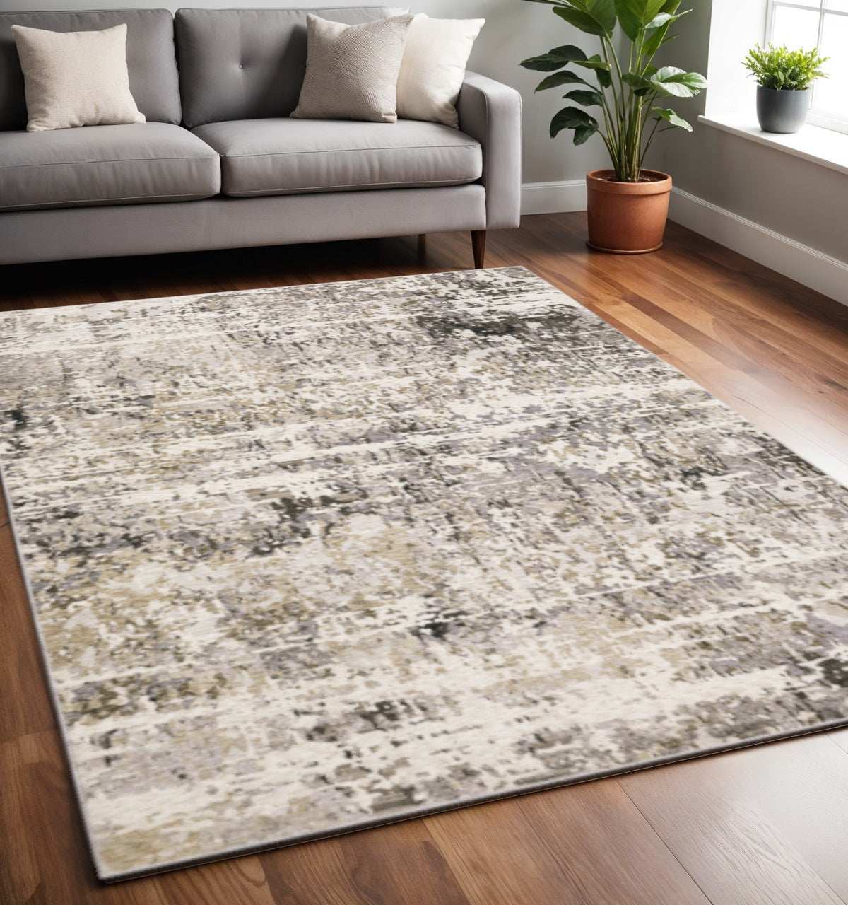5' X 8' Grey Ivory Beige Charcoal Black Tan And Brown Abstract Power Loom Stain Resistant Area Rug - Homeroots - Flyclothing LLC