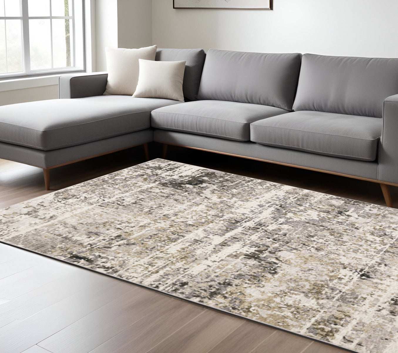 6' X 9' Grey Ivory Beige Charcoal Black Tan And Brown Abstract Power Loom Stain Resistant Area Rug - Homeroots - Flyclothing LLC