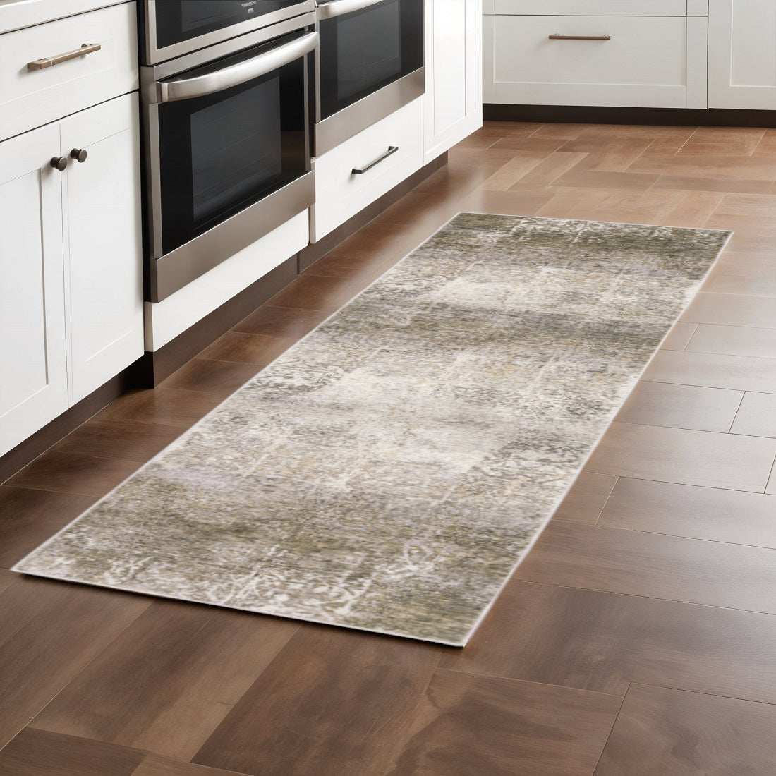 2' X 8' Ivory Grey Tan Brown And Beige Abstract Power Loom Stain Resistant Runner Rug - Homeroots - Flyclothing LLC