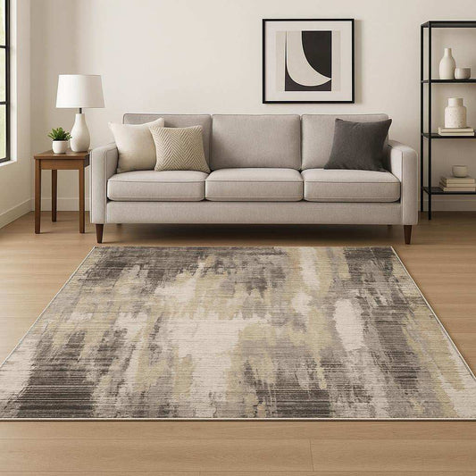8' X 11' Grey Beige Charcoal Brown Tan And Ivory Abstract Power Loom Stain Resistant Area Rug - Homeroots - Flyclothing LLC